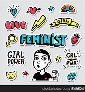 Feminist sticker set. Feminist cute hand drawing illustration for print, brochure, greeting card, bag, clothing. Girl portrait, inscriptions and icons for pins and stickers. Vector illustration. Feminist sticker set. Feminist cute hand drawing illustration for print, brochure, greeting card, bag, clothing. Girl portrait, inscriptions and icons for pins and stickers. Vector illustration.