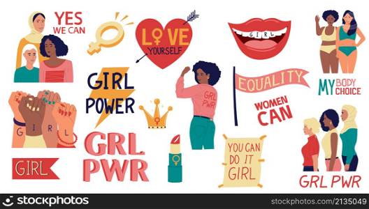 Feminist stickers. Womens solidarity and girl activist movement doodle graphic elements. Vector illustration fashion girl sticker set colorful symbol female solidarity. Feminist stickers. Womens solidarity and girl activist movement doodle graphic elements. Vector fashion girl sticker set