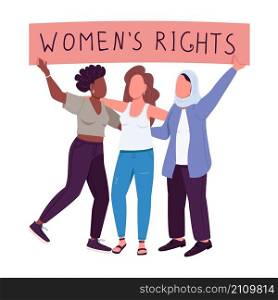 Feminists with placard semi flat color vector characters. Active figures. Full body people on white. Public movement isolated modern cartoon style illustration for graphic design and animation. Feminists with placard semi flat color vector characters