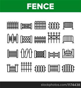 Fence Construction Collection Icons Set Vector Thin Line. Wooden And Metallic, Brick And Stone Fence Different Material And Design Concept Linear Pictograms. Monochrome Contour Illustrations. Fence Construction Collection Icons Set Vector