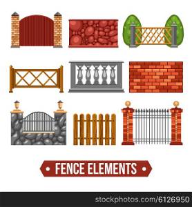 Fence Design Elements Set. Fence design elements set with stone wooden metal marble units flat isolated vector illustration