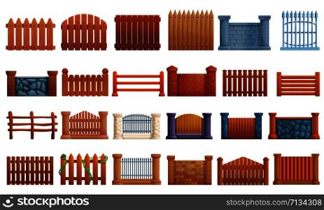 Fence icons set. Cartoon set of fence vector icons for web design. Fence icons set, cartoon style