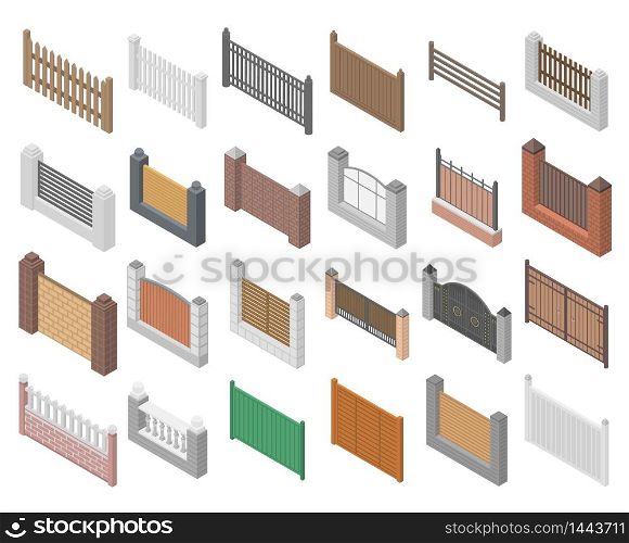 Fence icons set. Isometric set of fence vector icons for web design isolated on white background. Fence icons set, isometric style