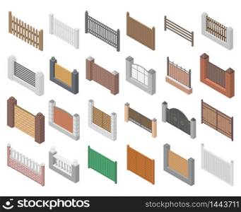 Fence icons set. Isometric set of fence vector icons for web design isolated on white background. Fence icons set, isometric style