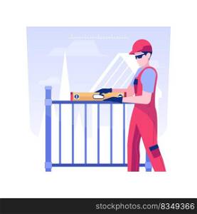 Fence installation isolated concept vector illustration. Contractor leveling a fence, backyard maintenance, residential construction, exterior works, building equipment vector concept.. Fence installation isolated concept vector illustration.
