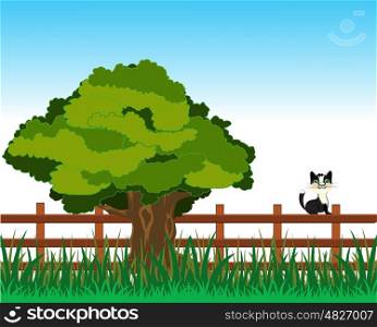 Fence or tree. Year landscape with big tree and fence
