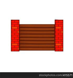Fence with brick pillars icon. Cartoon illustration of wooden fence with brick pillars vector icon for web. Fence with brick pillars icon, cartoon style