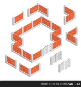 Fences abstract isometric design concept with set of brick fence sections wall and gate isolated vector illustration . Fences Isometric Design Concept