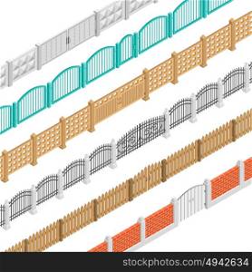 Fences And Gate Isometric Elements . Colorful fences with gate isometric elements set in brick concrete wooden picket performance isolated vector illustration