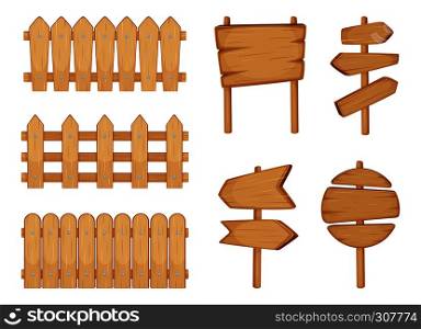 Fences of garden and signs with wood texture. Vector illustration set isolate on white. Wooden fence and wood arrow badge. Fences of garden and signs with wood texture. Vector illustration set isolate on white