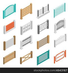 Fences Types Elements Icons Isometric Collection . Urban and farmland real estate boundary fences elements from wood brick and concrete isometric set isolated vector illustration