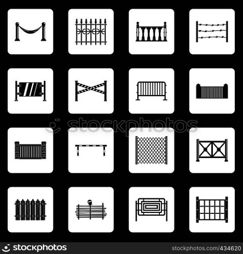 Fencing icons set in white squares on black background simple style vector illustration. Fencing icons set squares vector