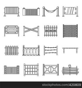 Fencing icons set. Outline illustration of 16 different fencing vector icons for web. Fencing icons set, outline style