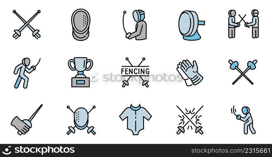 Fencing icons set outline vector. Sport fencer. Suit sword. Fencing icons set outline vector. Sport fencer