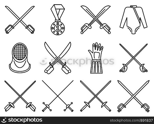 Fencing sport icons set. Outline set of fencing sport vector icons for web design isolated on white background. Fencing sport icons set, outline style
