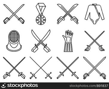 Fencing sport icons set. Outline set of fencing sport vector icons for web design isolated on white background. Fencing sport icons set, outline style
