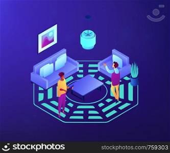 Feng shui consultant rearranges space for positive energy flow, tiny people. Feng shui interior, feng shui designer, home decor philosophy concept. Ultraviolet neon vector isometric 3D illustration.. Feng shui interior isometric 3D concept illustration.