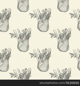 Fennel ink sketch seamless pattern. Monochrome food ingredient wallpaper. Natural organic fresh food backdrop. Vintage hand drawn engraved style. Vector illustration. Fennel ink sketch seamless pattern. Monochrome food ingredient wallpaper.