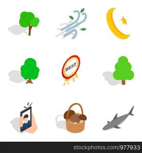 Feral icons set. Isometric set of 9 feral vector icons for web isolated on white background. Feral icons set, isometric style