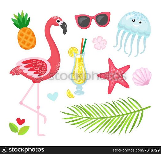 Fern leaf, pink flamingo, pineapple and cocktail, starfish and shell, jellyfish and sunglasses. Summertime attributes. Flat design collection of summer isolated elements vector. Flamingo, Cocktail, Pineapple Summer Icons Vector