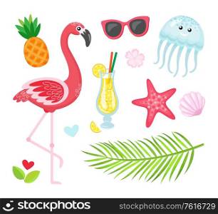 Fern leaf, pink flamingo, pineapple and cocktail, starfish and shell, jellyfish and sunglasses. Summertime attributes. Flat design collection of summer isolated elements vector. Flamingo, Cocktail, Pineapple Summer Icons Vector