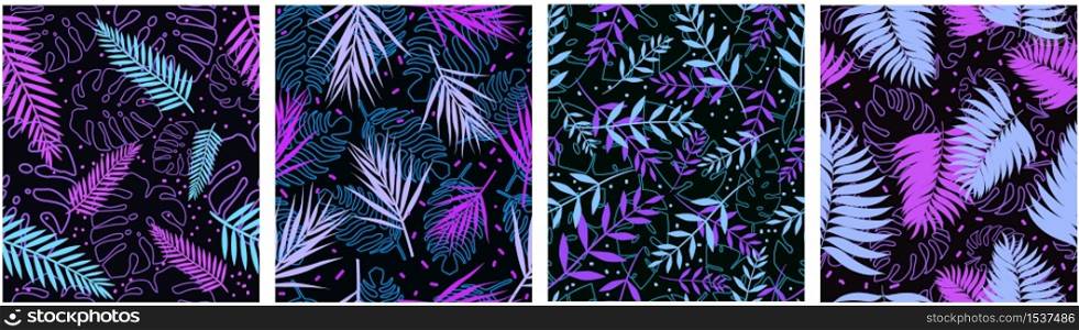 Fern pattern futuristic seamless set. Violet blue tropical leaves swirl in whirlpool of wind exotic floral vintage ornament in fantasy style ornamental botanical vector design.. Fern pattern futuristic seamless set. Violet blue tropical leaves swirl in whirlpool of wind.