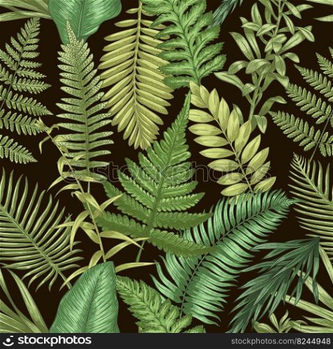 Fern pattern. Seamless print of wild forest plants, hand drawn herbal decorative elements. Vector botanical texture and rural wallpaper. Various natural green foliage for textile design. Fern pattern. Seamless print of wild forest plants, hand drawn herbal decorative elements. Vector botanical texture and rural wallpaper