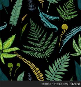 Fern pattern. Seamless texture with forest foliage. Bracken and horsetail. Green herbs. Decorative natural background template. Black botanical print with hand drawn plant leaves. Vector nature mockup. Fern pattern. Seamless texture with forest foliage. Bracken and horsetail. Green herbs. Decorative natural background template. Botanical print with hand drawn leaves. Vector nature mockup
