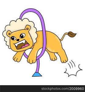 ferocious lion playing circus jumping stunt