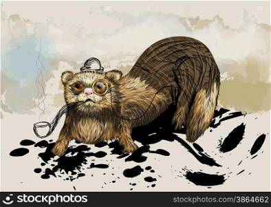 ferret with pipe.cartoon animal in hat