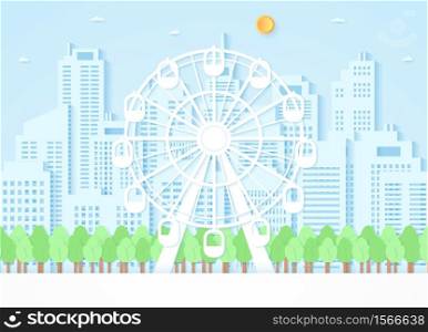 Ferris wheel and trees with building background, paper art style