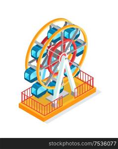 Ferris wheel attraction for people during winter holidays vector. Amusement park entertainment for kids and adults, carnival and festive celebration. Ferris Wheel Attraction for People during Holidays