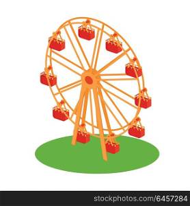 Ferris Wheel Attraction Illustration. Classical retro Ferris wheel on the grass flat style design illustration. Amusement park attractions conceptual vector icon. Isolated on white background.