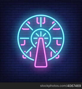 Ferris wheel neon sign. Amusement park carousel on dark brick wall background. Night bright advertisement. Vector illustration in neon style for entertainment or festival