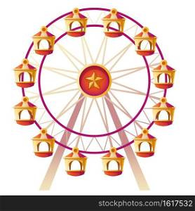 Ferris wheel. Vector illustration of carousel on carnival funfair, amusement park. Cartoon icon of entertainment attraction, roundabout observation wheel isolated on white background. Vector cartoon ferris wheel on carnival funfair