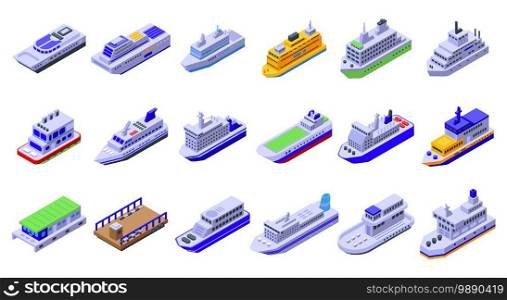 Ferry icons set. Isometric set of ferry vector icons for web design isolated on white background. Ferry icons set, isometric style