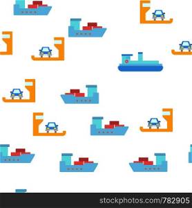 Ferry, Vessel And Ship Vector Color Icons Seamless Pattern. Ferry Front And Side View Linear Symbols Pack. International Cargo Transportation, Shipment. Logistics And Distribution Illustrations. Ferry, Vessel And Ship Vector Seamless Pattern