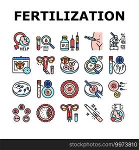 Fertilization Treat Collection Icons Set Vector. Fertilization Help And Consultation, Analysis And Medicaments, Ovulation And Freezing Sperm Concept Linear Pictograms. Contour Color Illustrations. Fertilization Treat Collection Icons Set Vector
