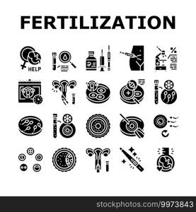 Fertilization Treat Collection Icons Set Vector. Fertilization Help And Consultation, Analysis And Medicaments, Ovulation And Freezing Sperm Glyph Pictograms Black Illustrations. Fertilization Treat Collection Icons Set Vector