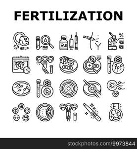 Fertilization Treat Collection Icons Set Vector. Fertilization Help And Consultation, Analysis And Medicaments, Ovulation And Freezing Sperm Black Contour Illustrations. Fertilization Treat Collection Icons Set Vector