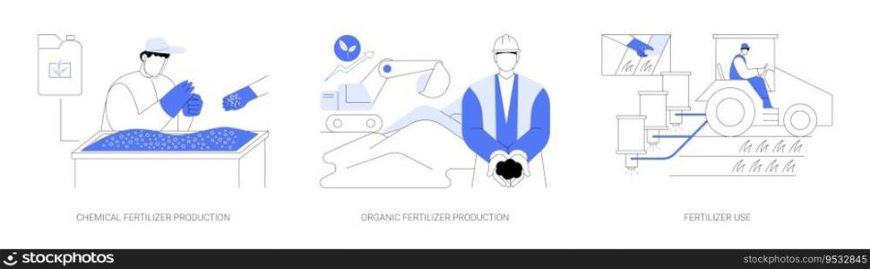 Fertilizers in agribusiness abstract concept vector illustration set. Chemical and organic fertilizer production and use, phosphorus, potassium and nitrogen, organic manure abstract metaphor.. Fertilizers in agribusiness abstract concept vector illustrations.