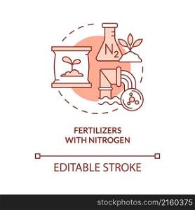 Fertilizers with nitrogen red concept icon. Reasons for climate change abstract idea thin line illustration. Isolated outline drawing. Editable stroke. Roboto-Medium, Myriad Pro-Bold fonts used. Fertilizers with nitrogen red concept icon