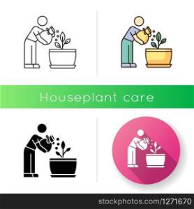 Fertilizing seedling icon. Feeding sapling. Houseplant care. Plant growing, planting. Indoor gardening. Growth supplements, amendments. Linear black and RGB color styles. Isolated vector illustrations