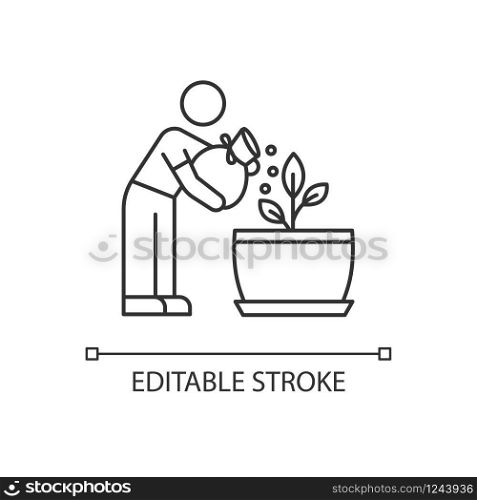 Fertilizing seedling pixel perfect linear icon. Feeding sapling. Growth supplements, amendments. Thin line customizable illustration. Contour symbol. Vector isolated outline drawing. Editable stroke