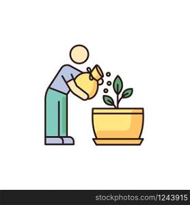 Fertilizing seedling RGB color icon. Feeding sapling. Houseplant care. Plant growing, planting process. Indoor gardening. Growth supplements, amendments. Isolated vector illustration