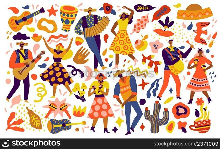Festa junina. Brazil folk festival, latino winter onset, 13 june party elements, bright people in traditional clothes and hats, national dances and decorations vector cartoon doodle style isolated set. Festa junina. Brazil folk festival, latino winter onset, 13 june party elements, bright people in traditional clothes and hats, national dances and decorations, vector cartoon doodle set