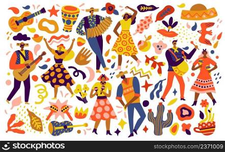 Festa junina. Brazil folk festival, latino winter onset, 13 june party elements, bright people in traditional clothes and hats, national dances and decorations vector cartoon doodle style isolated set. Festa junina. Brazil folk festival, latino winter onset, 13 june party elements, bright people in traditional clothes and hats, national dances and decorations, vector cartoon doodle set
