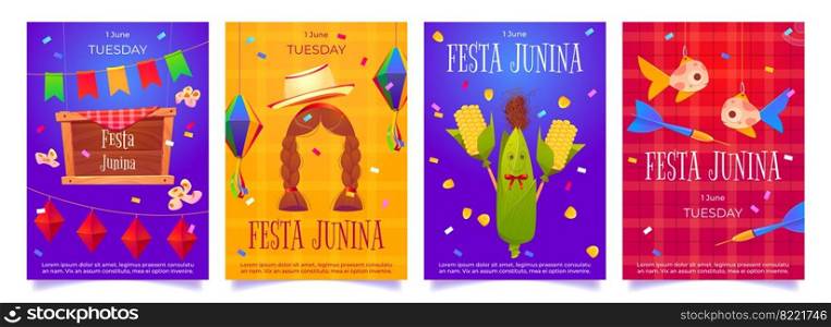 Festa Junina cartoon flyers, party invitation cards with festive elements hat, flags garland and fish toys, paper lanterns and darts with corn, confetti and wig on tablecloth background, Vector set. Festa Junina cartoon flyers party invitation cards