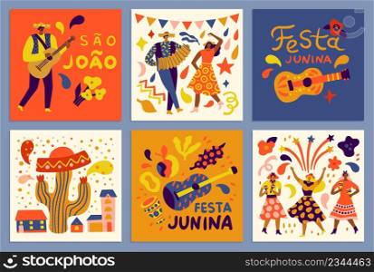Festa Junina. Farmer musical festival. Latino people dancing and playing guitar or accordion. Colorful summer clothes. Brazil folk holiday. Square banners. Party invitations. Vector greeting cards set. Festa Junina. Farmer musical festival. Latino people dancing and playing guitar or accordion. Colorful clothes. Brazil folk holiday. Square banners. Party invitations. Vector cards set