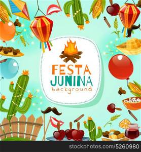 Festa Junina Frame Background. Festa junina cartoon background with decorative frame consisting of traditional celebration symbols flat vector illustration